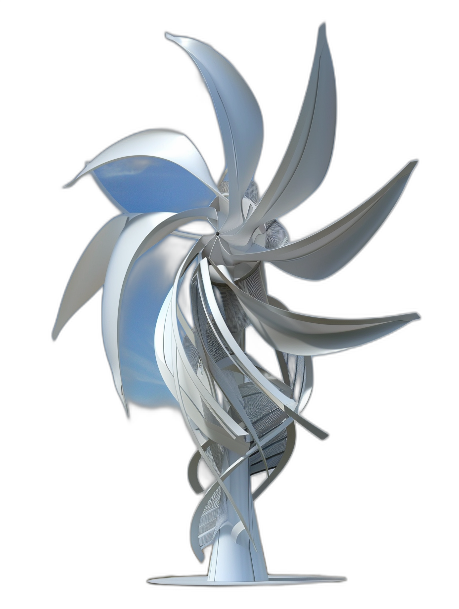 A conceptual model of an abstract wind turbine with five blades made from steel and white metal, in the style of [Zaha Hadid](https://goo.gl/search?artist%20Zaha%20Hadid), the body is blue color, pure black background, global illumination, shot on Afga Vista 400.