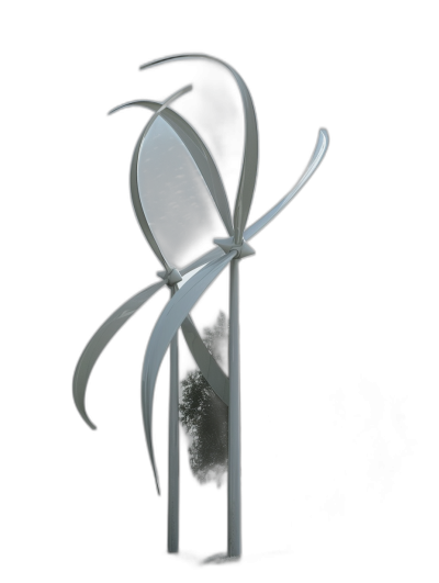 A white metal sculpture of an abstract flower, with long curved petals that resemble the shape and texture of cutlery, placed on top of three slender stainless steel pillars against a black background. The statue is illuminated from behind in the style of LED lights, creating subtle shadows in its surface, giving it depth and dimensionality. This design embodies modernist aesthetics and futuristic elements.