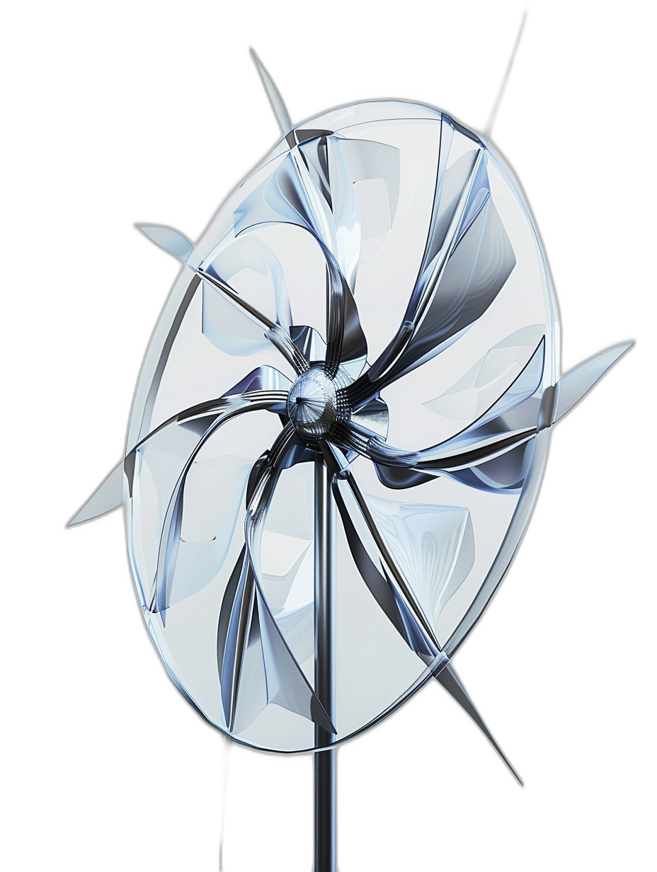 futuristic wind turbine, made of white and silver metal, with blades like pinwheels, on black background, hyper realistic photo