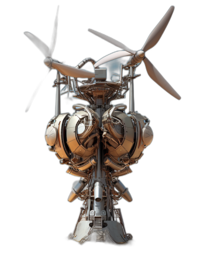 A detailed illustration of an engine, with three propeller blades and in the style of dyson style air Tus_CHANNELH French style and elegant details, all made in shiny chrome against black background. The engine is mounted on top of two large wings, giving it both speed and power. It has sharp edges that add to its futuristic appearance. This sculpture symbolizes progress through technology, innovation, high performance, engineering and photography.