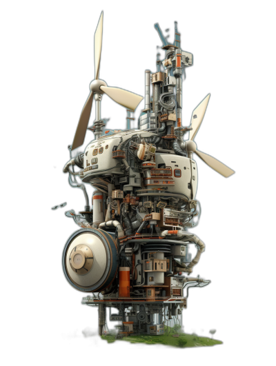 isometric style steampunk tower with a small propeller on a black background, concept art in the style of [Yoji Shinkawa](https://goo.gl/search?artist%20Yoji%20Shinkawa) and Dominik Mayer, vibrant colors, a dark atmosphere, intricate details, fantasy photography