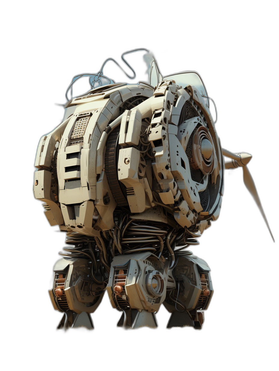 3d render of an old worn out mech, white and beige colors, black background, front view