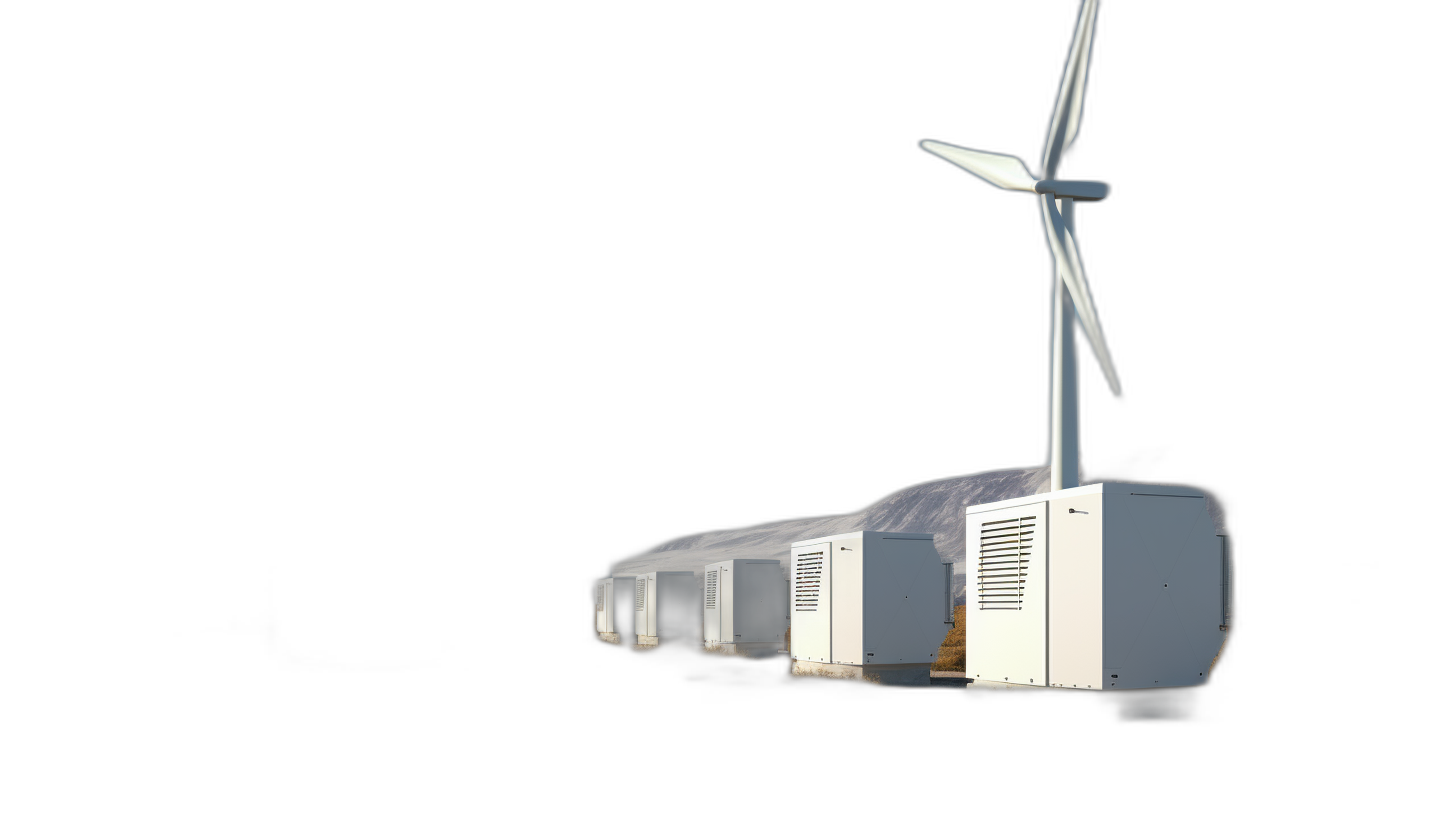 A row of white energy storage cells with wind turbines on top, isolated on a black background, photorealistic and cinematic in style, shot in the style of an ARRIFLEX35 BL camera, with photographic quality and high resolution.