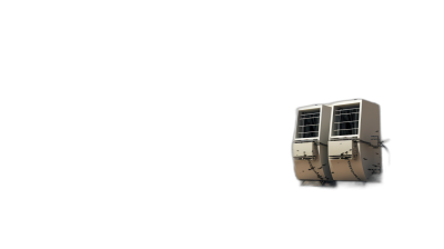 A single air conditioner on the side of an industrial building, isolated in black background, high resolution, highly detailed, realistic photography in the style of 35mm lense.