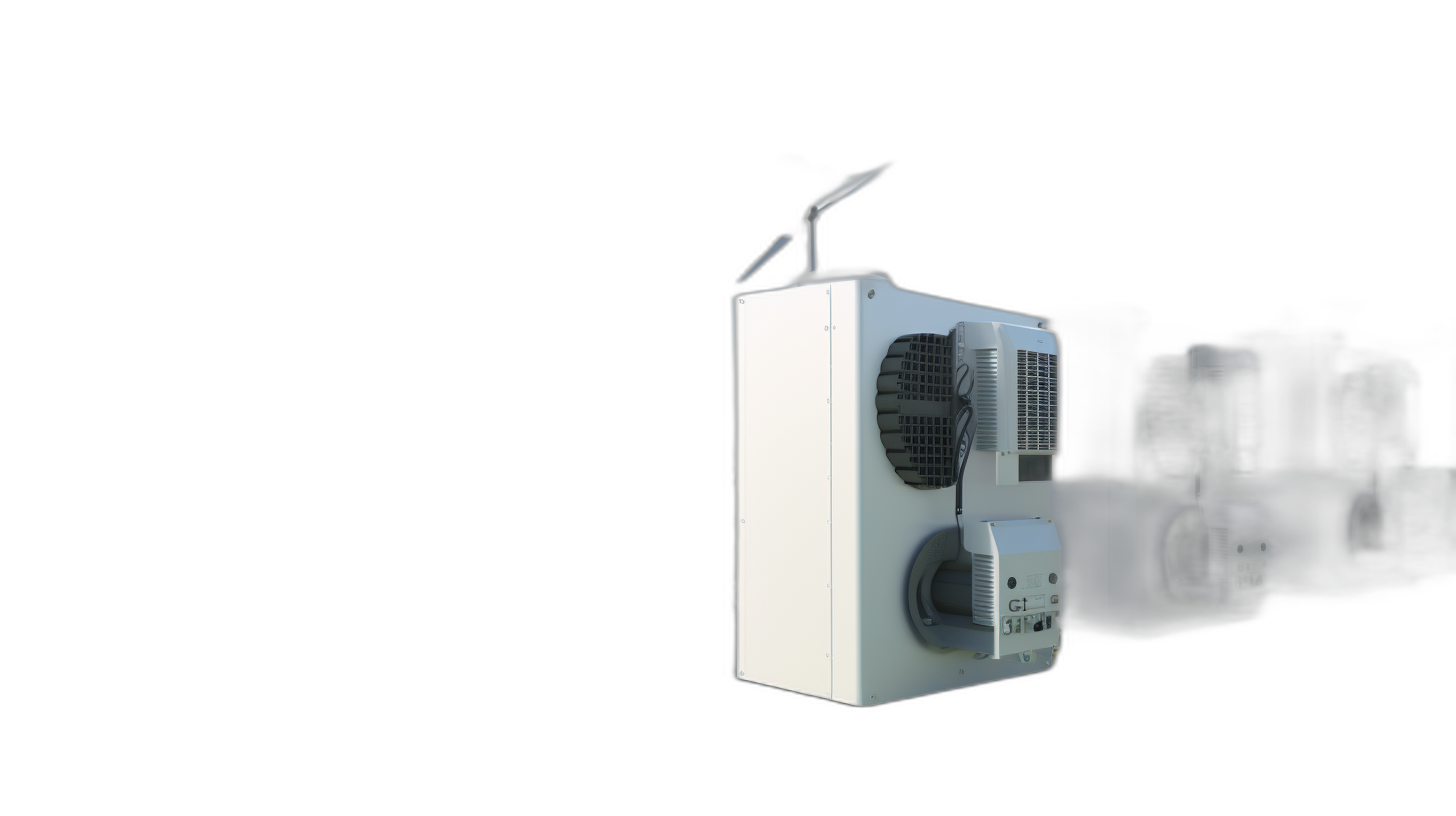 A white air conditioner with a black background, glowing in the dark. The composition is viewed from an angle of about one third above and below to highlight its shape. There were several small lamps on it, creating a sense of technology. This product has three rectangular holes at each corner for ventilation. It was designed in the style of the industrial designer at an Unreal Engine 5.8K resolution.