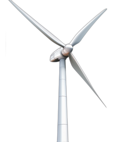 Realistic wind turbine, white on black background, low angle shot, perspective view, sharp focus, high resolution photography