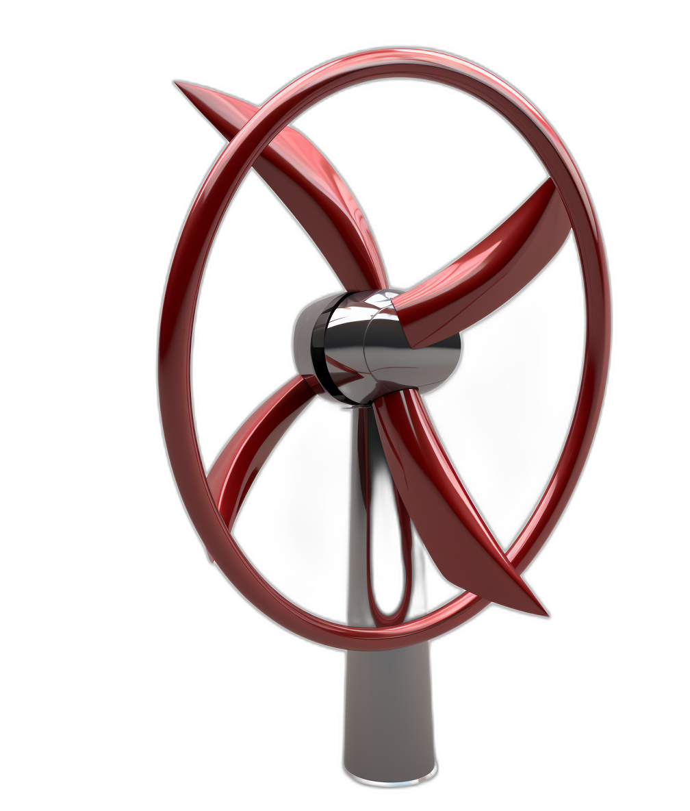 3d render of wind turbine, red and silver color scheme, on black background, no shadows, product photography, high resolution, sharp focus, studio lighting