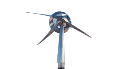 A wind turbine with blades made of silver and blue against a black background in a 3D rendering with insanely detailed fine details isolated on a white background in a hyper realistic style with professional color grading and an award winning composition.