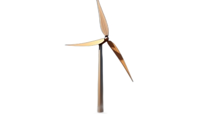 3D render of a wind turbine on a black background, in a minimalistic style with a simple design, shape, and color scheme. The texture resembles wood grain with a white light and golden accents. The isometric view shows a low poly model with high resolution, rendered with octane to appear hyper realistic. Volumetric lighting and soft shadows are used, with sharp edges despite being highly detailed.