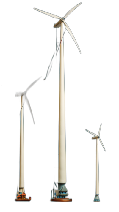 a series of three different types of wind turbines, each on its own black background, photorealistic, scale model photography