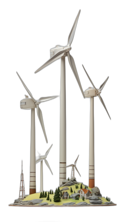 A detailed paper model of wind turbines on a black background, a three-dimensional model with cutouts for each part, highly realistic, white and grey colors, product photography, ambient occlusion, isolated in the middle of an island, there is also a small nearby town, it's a very beautiful landscape, in the style of photorealism.