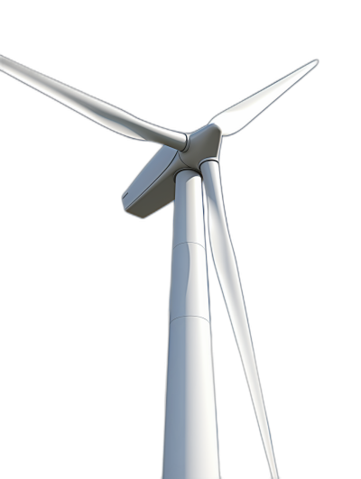 Closeup of a white wind turbine against a solid black background in the style of a 3D render with an octane render studio light and no shadow.