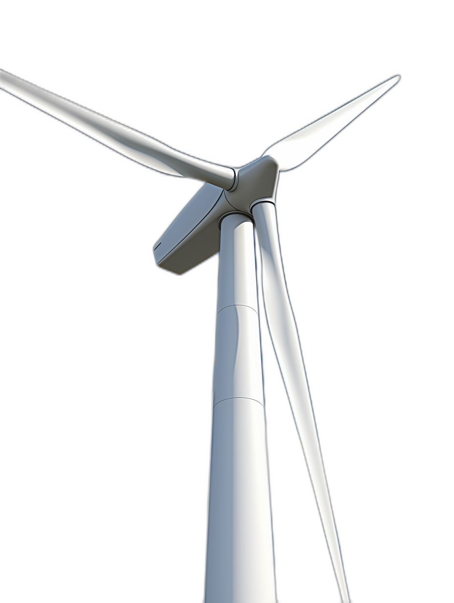 Closeup of a white wind turbine against a solid black background in the style of a 3D render with an octane render studio light and no shadow.