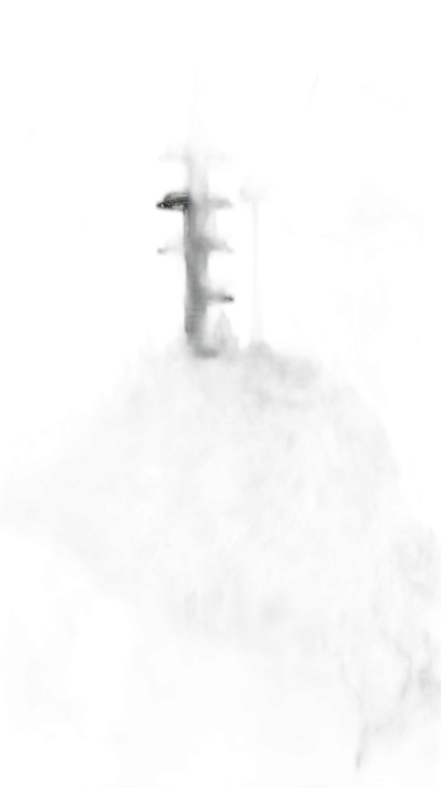 A distant silhouette of an ancient tower in the darkness, illuminated by faint light from above. The tall, slender tower has intricate details visible against the black background. There is no one around it but its presence is reflected on the surrounding ground, creating an eerie atmosphere.