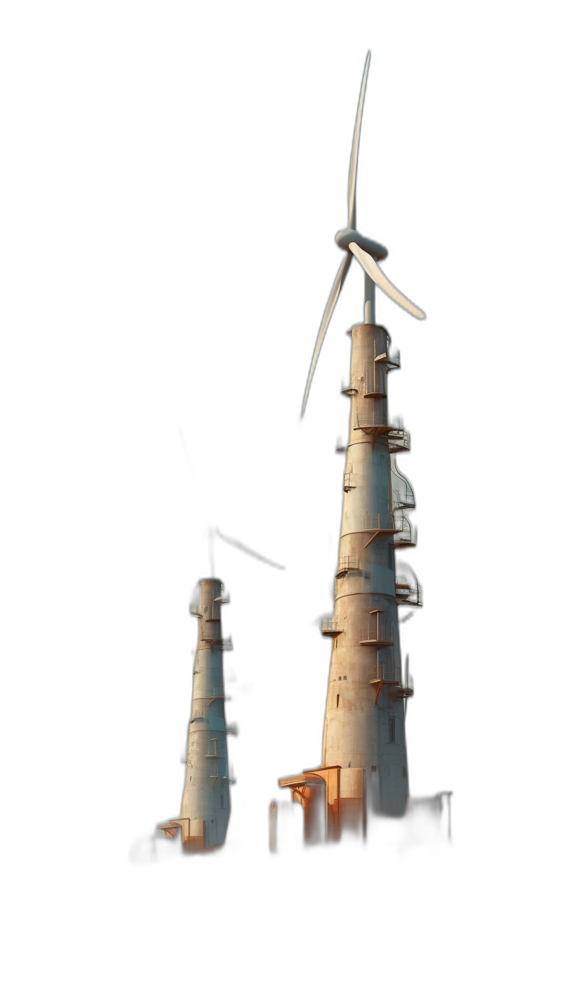 A wind turbine and two small lighthouses on a black background, photographed in a photorealistic, low angle shot style. The image is rendered in a hyper realistic style.