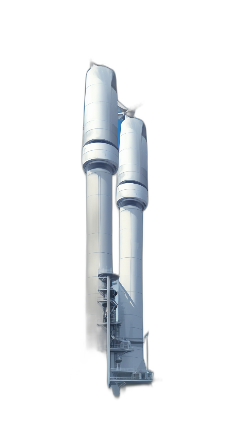 A white rocket engine with two large white columns, 3D rendering on a black background shown from the side with a full body shot, symmetrical composition with high definition details of the symmetrical structure at high resolution.