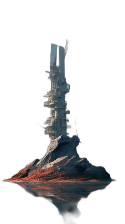 side view of white and red futuristic tower on top of mountain, black background, 3d render, unreal engine, blender