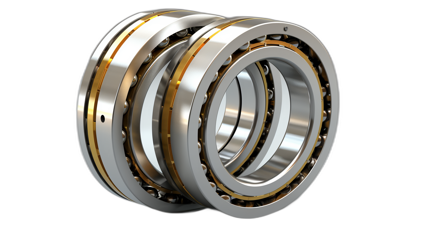 3d render of one pair of steel ball bearings with golden accents, isolated on black background, hyper realistic