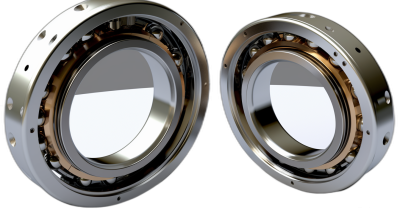 3D render of two realistic industrial ball bearings on a black background, front view, close up, with reflections and refractions, in the style of studio lighting.