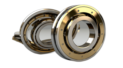 3D render of two golden and silver ball bearings, isolated on a black background, in an ultra realistic photographic style.