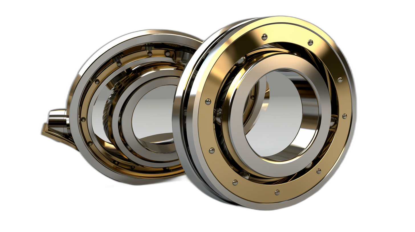 3D render of two golden and silver ball bearings, isolated on a black background, in an ultra realistic photographic style.