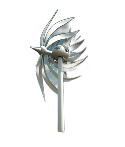 White wind turbine with blades shaped like the head of an eagle, with a simple design, 3D rendering, on a black background, shown from the front view, made of white metal material, with white wings on top of the blade and bottom of the pole, with a simple shape, in a white color tone, at a 45 degree angle.