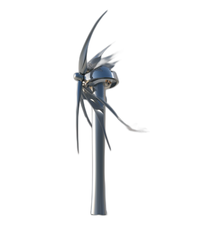 A wind turbine with silver metal blades on top, black background, 3D rendering in the style of cartoon, high resolution, no shadows, simple design, white body, long legged tail, small wings at its end.