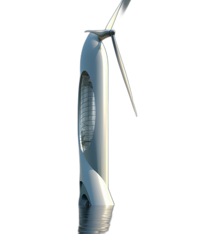 A white wind turbine with an elongated body and sharp edges on the top, standing in water against a black background, in the futuristic style, with an architectural design using ecofriendly materials, with solar panels integrated into it. The hyperrealistic rendering depicts a clean energy source. The tower has glass windows that allow for clear views inside. In front there is one big fan blade serving as a propeller to generate strong air flow through its sweeping surface and next working under low torque. High resolution projection onto a dark background. Hyper realistic in style.