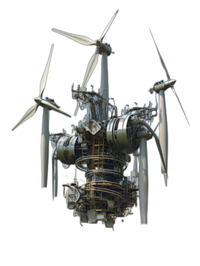 cutaway of a large wind turbine engine with three propeller blades, suspended in the air against a black background, in a hyper realistic photographic style.