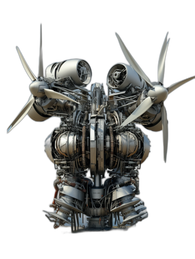 A complex mechanical engine with three propeller blades, three engines and wings made of chrome metal on a black background, rendered in a hyperrealistic style with fine details, insanely detailed, isolated on a plain background, in the style of octane render, high resolution photography, fine details, isolated on a plain background, stock photo.