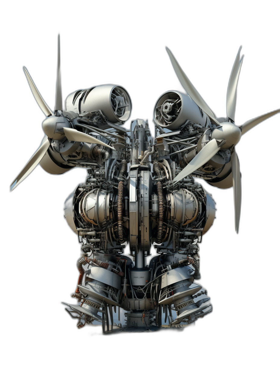 A complex mechanical engine with three propeller blades, three engines and wings made of chrome metal on a black background, rendered in a hyperrealistic style with fine details, insanely detailed, isolated on a plain background, in the style of octane render, high resolution photography, fine details, isolated on a plain background, stock photo.