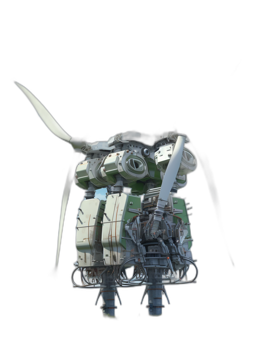 Realistic photograph of an industrial engine with green and white details on a solid black background. The engine is seen from below in the foreground, in space, with its propeller outstretched to one side. Hyperrealistic volumetric lighting and a cinematic camera angle.