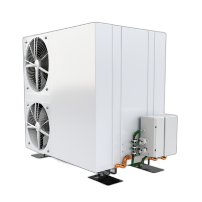 A white heat pump with two fans on the front and back, connected to an electric box, on a black background, viewed from the side, a 3D rendering, at a 45 degree angle, with high resolution.