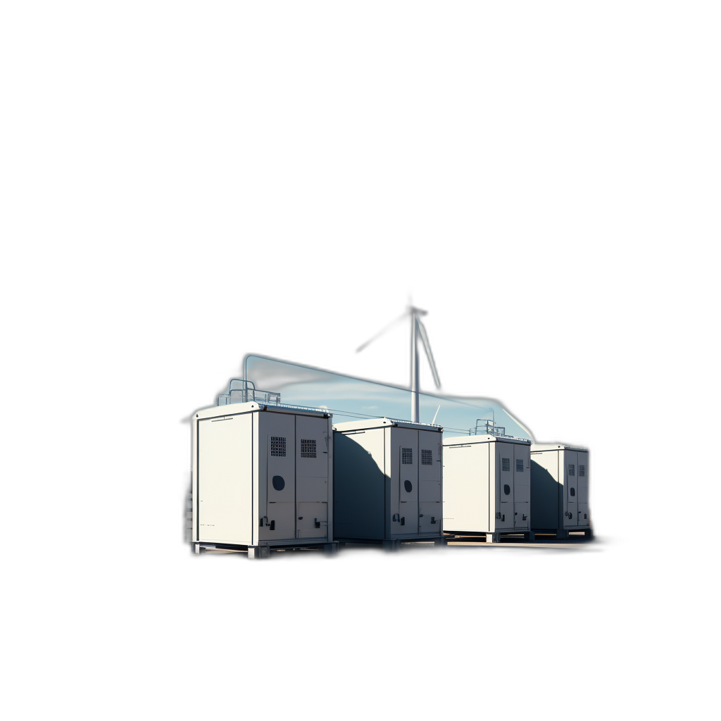 White wind energy storage container, black background, three-dimensional rendering effect, 3D model, three-quarter view, high resolution, high detail, high quality, high sharpness, high contrast, professional photography, professional lighting, professional color grading, hyper realistic.