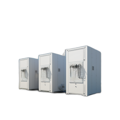 White clean small industrial buildings with air conditioners, from multiple angles, on a black background, in high resolution photography, with high quality details, in the style of hyper realistic rendering, in the style of hyper detailed rendering, rendered in the style of hyper realism.