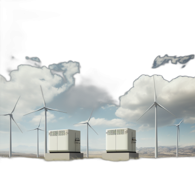 a photorealistic rendering of two white energy storage rhythmic boxes standing in front of wind turbines with black smoke billowing from the top, sky is blue and cloudy, shot on Sony Alpha A7 III, wide angle