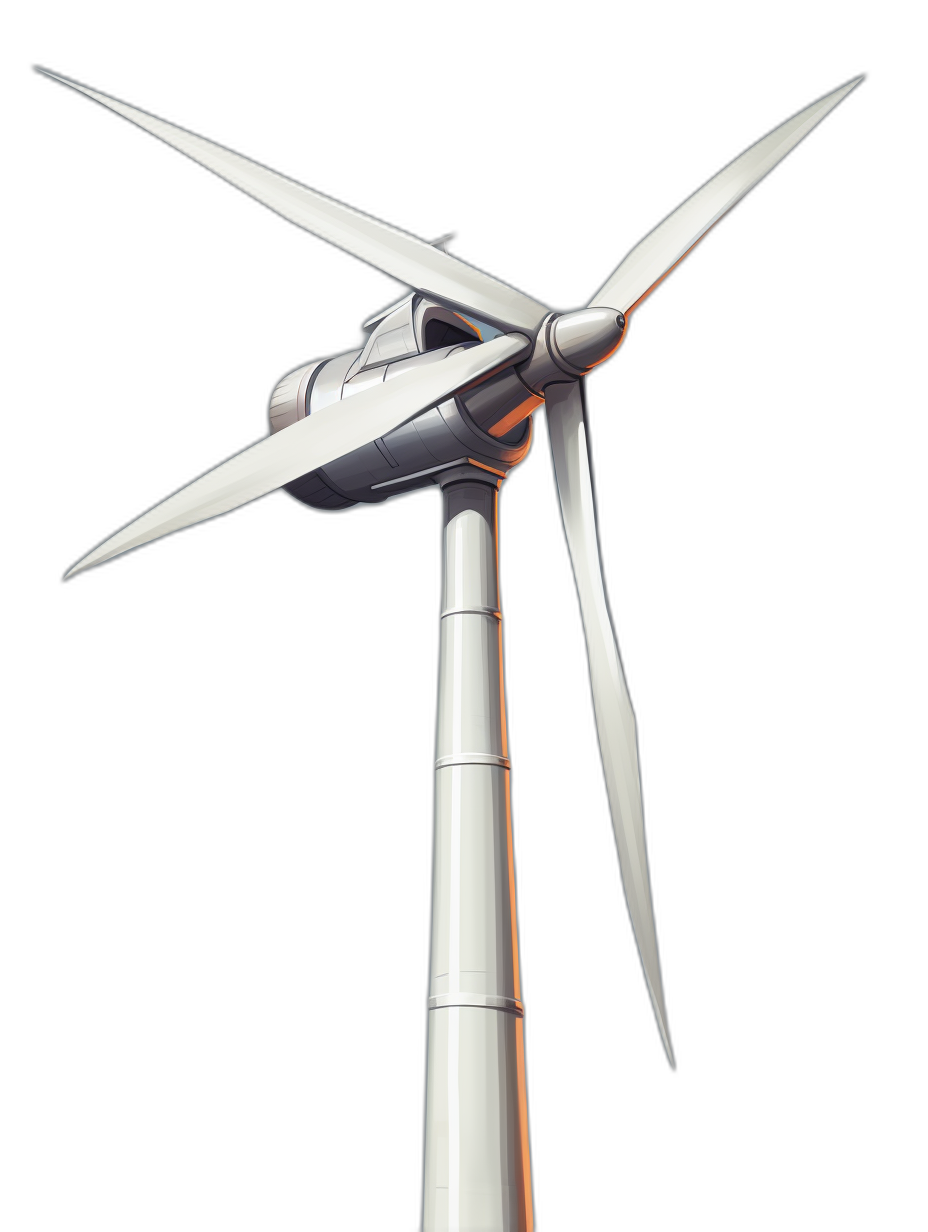 A wind turbine with blades that have the shape of airfoils, on a black background, concept art in the style of [Syd Mead](https://goo.gl/search?artist%20Syd%20Mead) and [Jean Giraud](https://goo.gl/search?artist%20Jean%20Giraud) [Moebius](https://goo.gl/search?artist%20Moebius), from a low angle view seen from below, with a white bodywork, white nose tip, and grey wingspan, very detailed and realistic.