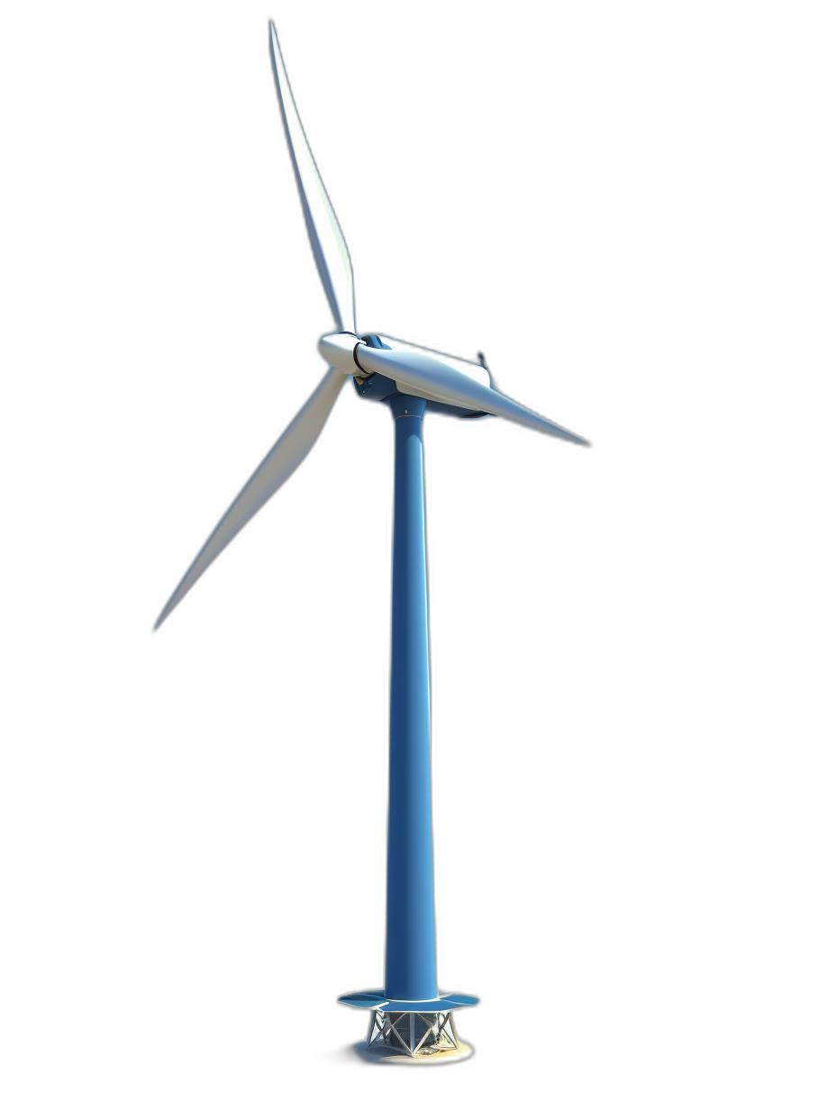 3d wind turbine, on black background, blue color, white wing blades, hyper realistic, low angle shot, high resolution, high detail, high quality, octane render,