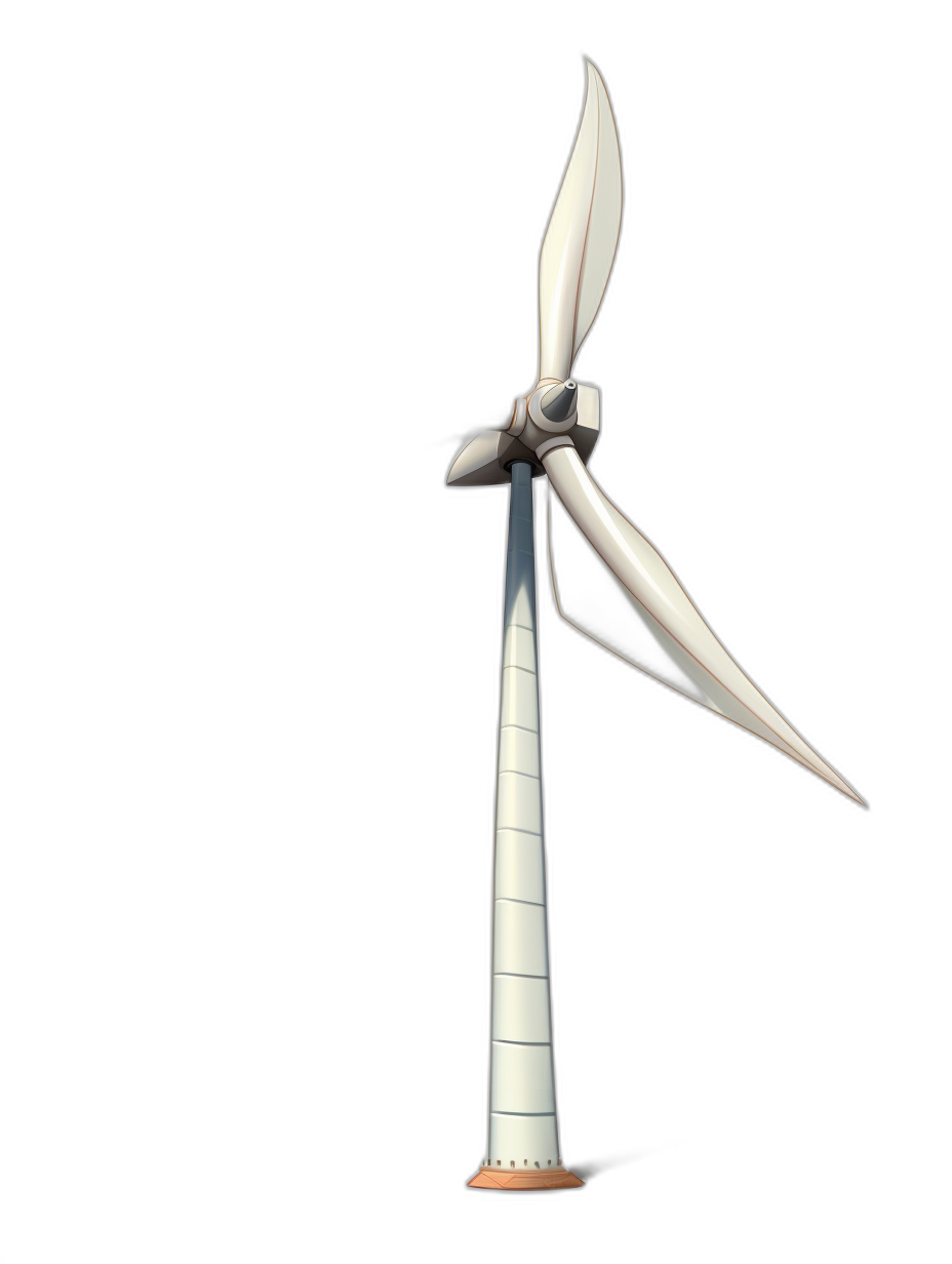 White wind turbine, simple style, cartoon, black background, 3D rendering, minimalist design, high resolution, high detail, high quality, sharp focus, high definition, clear image, in the style of high clarity