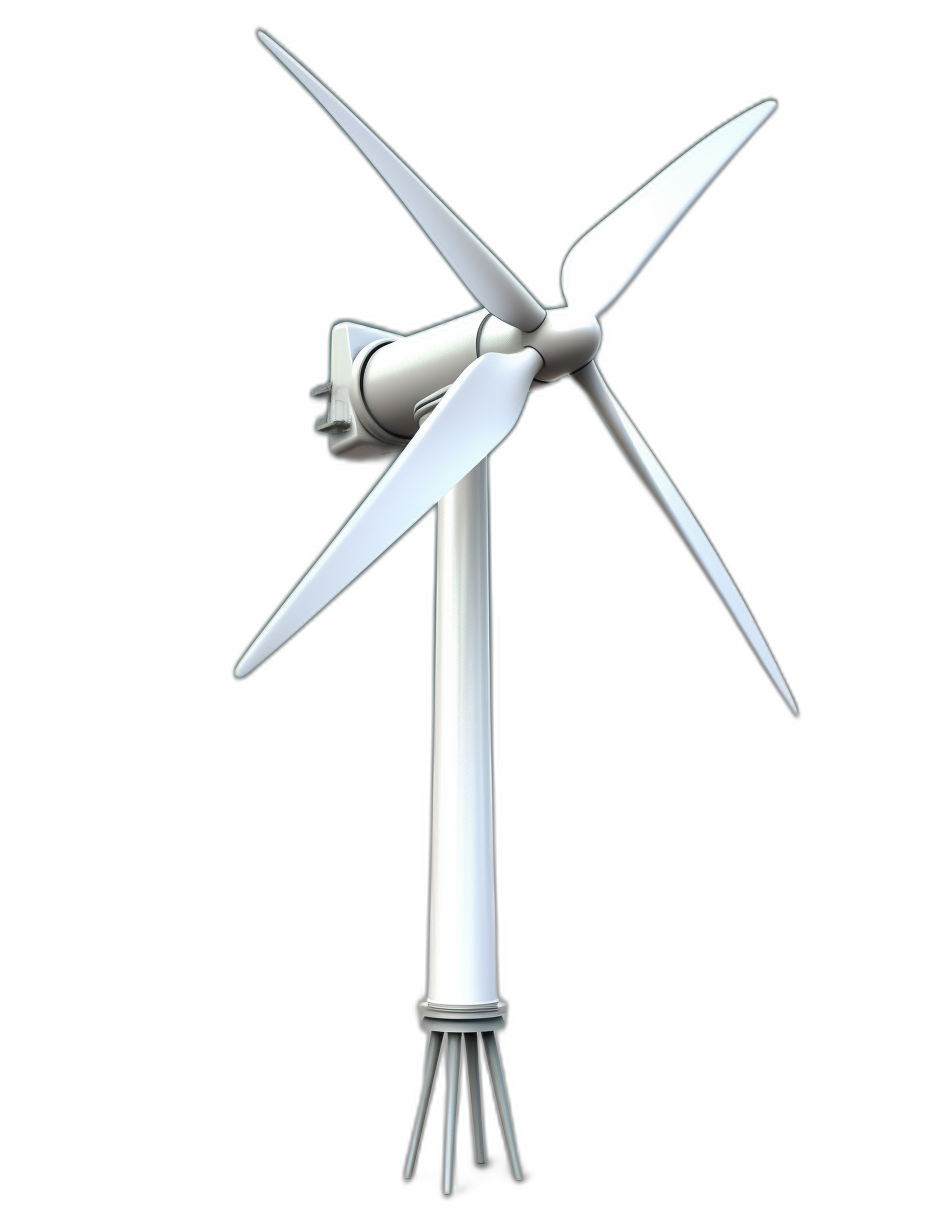 White wind turbine with blades on a black background, a simple design, 3D rendering in the style of white color scheme, high resolution, high quality, high detail, super realistic, detailed, high definition, no blur effect.