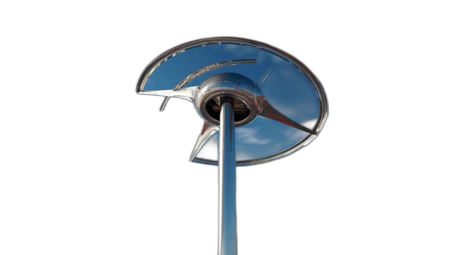 a chrome minimalist modern windmill with blue sky reflections on the blade, against black background, hyper realistic photography