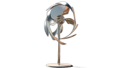 A wind turbine made of rose gold and silver, with a simple structure and elegant curves. 3D rendering with a black background in a minimalist style, high resolution with rich details, natural lighting, and dynamic effects. The sculpture is designed in the style of Alvaro Siza as an abstract art installation with flowing lines. It has the texture of liquid metal on its surface, and there's a light blue accent in one corner that adds to its modern feel. There should be no shadows or reflections on any part of the artwork.