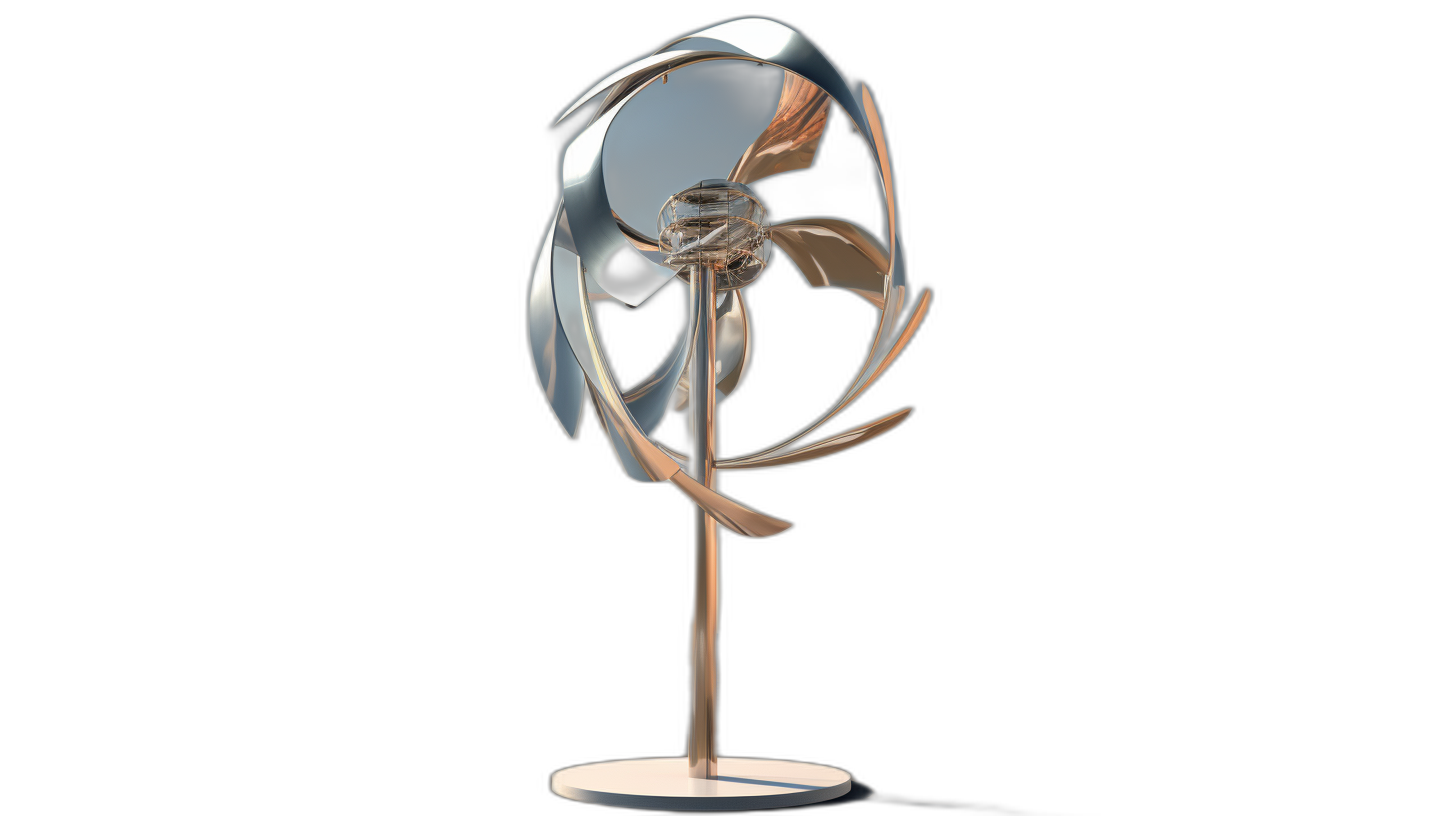 A wind turbine made of rose gold and silver, with a simple structure and elegant curves. 3D rendering with a black background in a minimalist style, high resolution with rich details, natural lighting, and dynamic effects. The sculpture is designed in the style of Alvaro Siza as an abstract art installation with flowing lines. It has the texture of liquid metal on its surface, and there’s a light blue accent in one corner that adds to its modern feel. There should be no shadows or reflections on any part of the artwork.