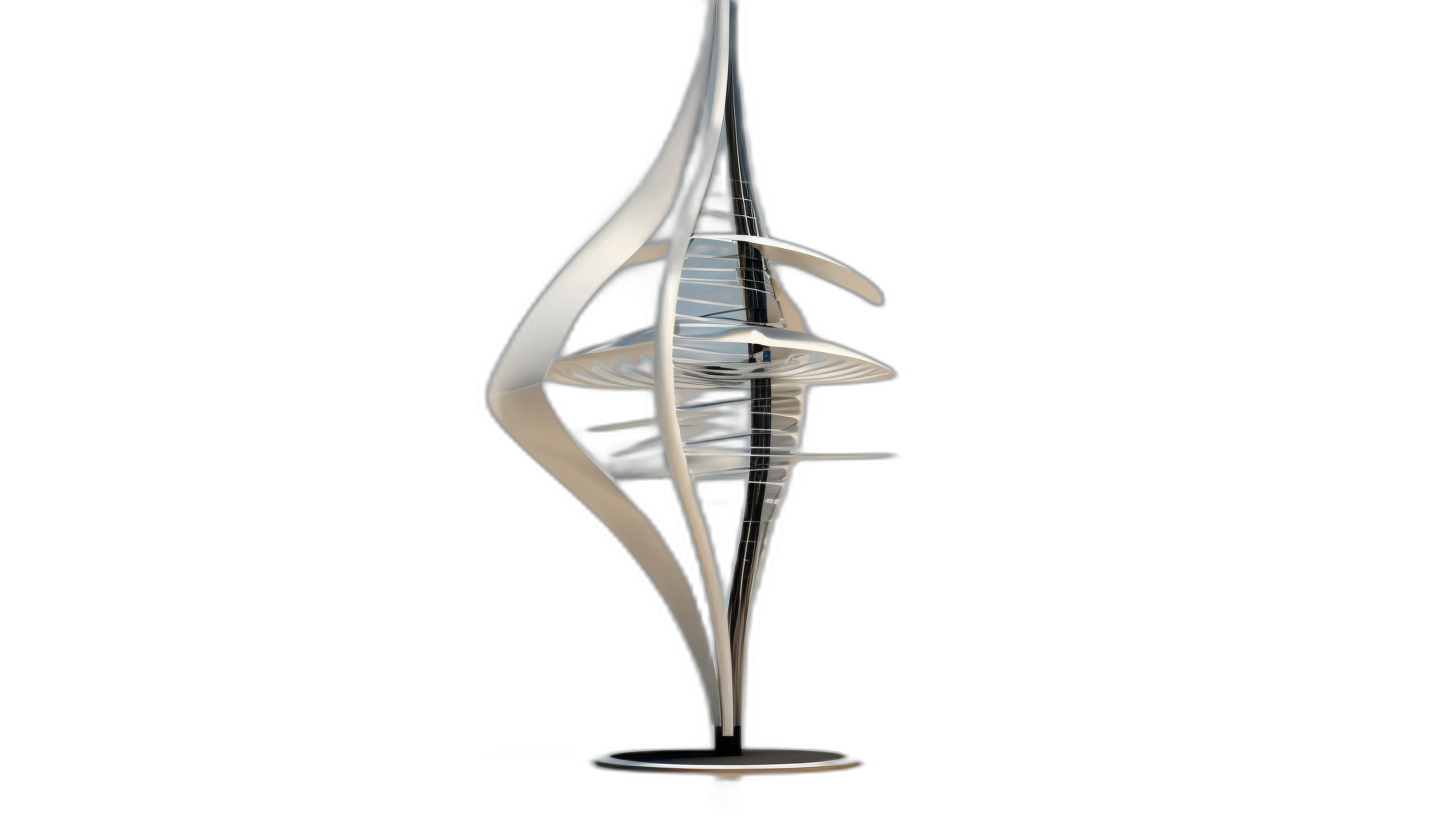 3D render of an abstract futuristic sculpture, white and silver colors on black background, with spirals, curves, depth, and motion effects. The design is inspired by the H energy tower in Namsan Park Seoul South Korea. It features an elegant vertical structure that seems to reach into space or up towards stars. A small pole emanates from its center like lightning, creating movement within stillness. This concept symbolizes innovation, technology, and light breaking through darkness.