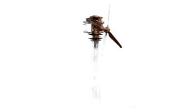 A small mechanical robot on top of a long stick floating in a black background, made from copper and wood with many moving parts in a minimalistic, isometric view in the style of hyper realistic photography.