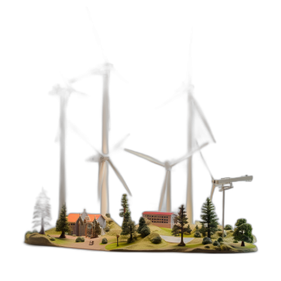 A model of an entire wind farm with several wind turbines, trees and buildings on the ground. The scene is illuminated by studio lights against black background.