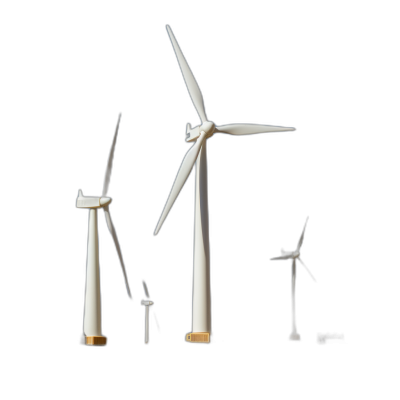 A set of wind turbines and plastic model toys on a black background in a low angle shot for product photography in the style of product photography.