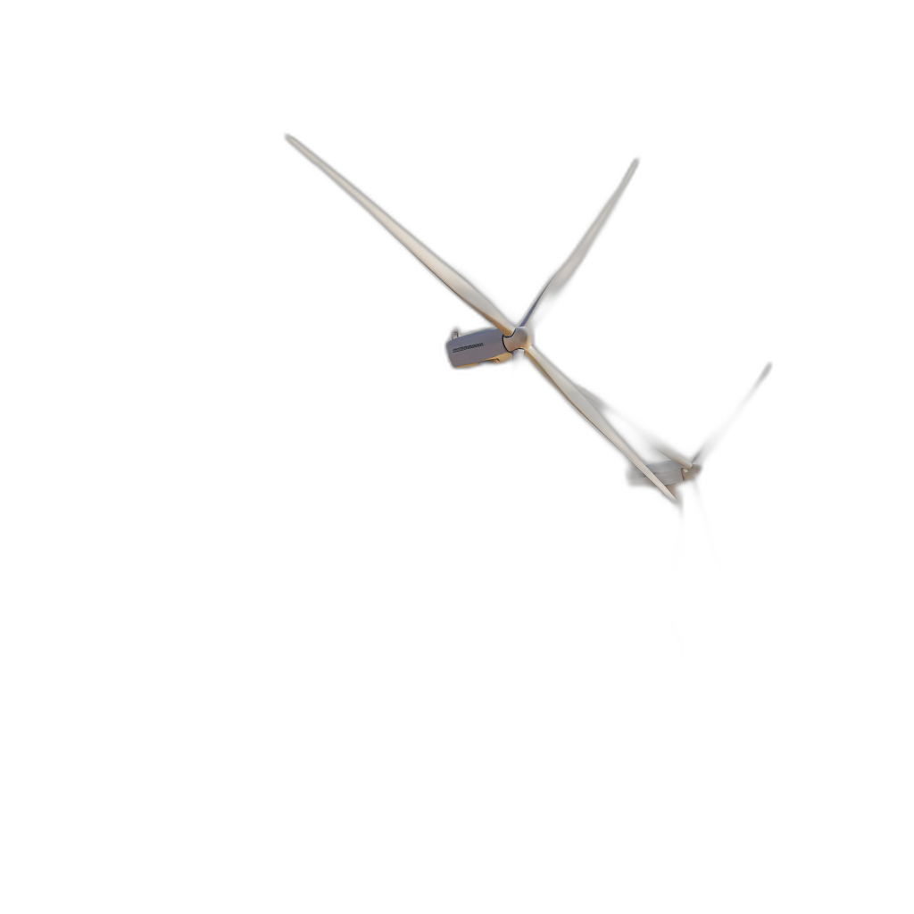 A tiny wind turbine with wings on its side flying in a black background, with motion blur, in a hyper realistic style, rendered in Octane, like a studio photo, with 35mm film grain, shot from above, at a high resolution.