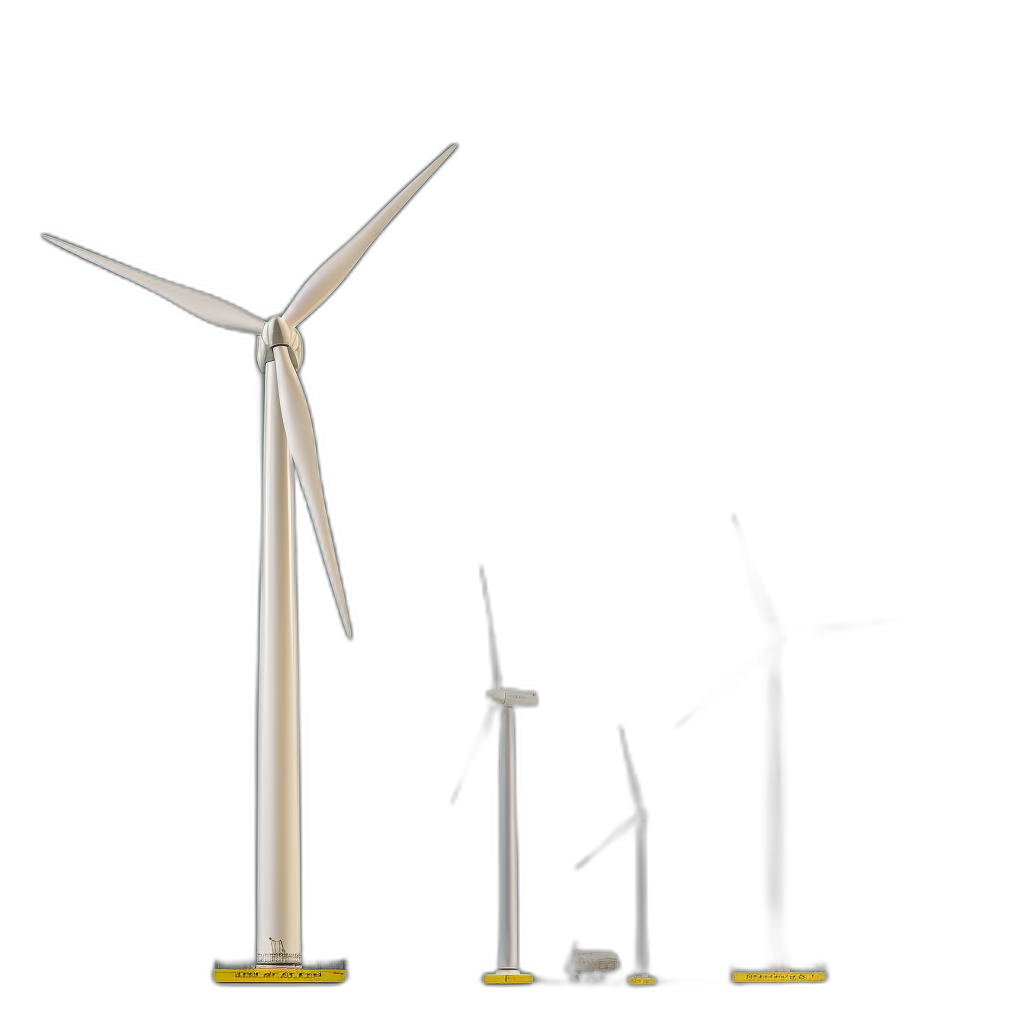 wind turbines of different sizes, on black background, photorealistic, octane render, hyper detailed, cinematic look, volumetric light