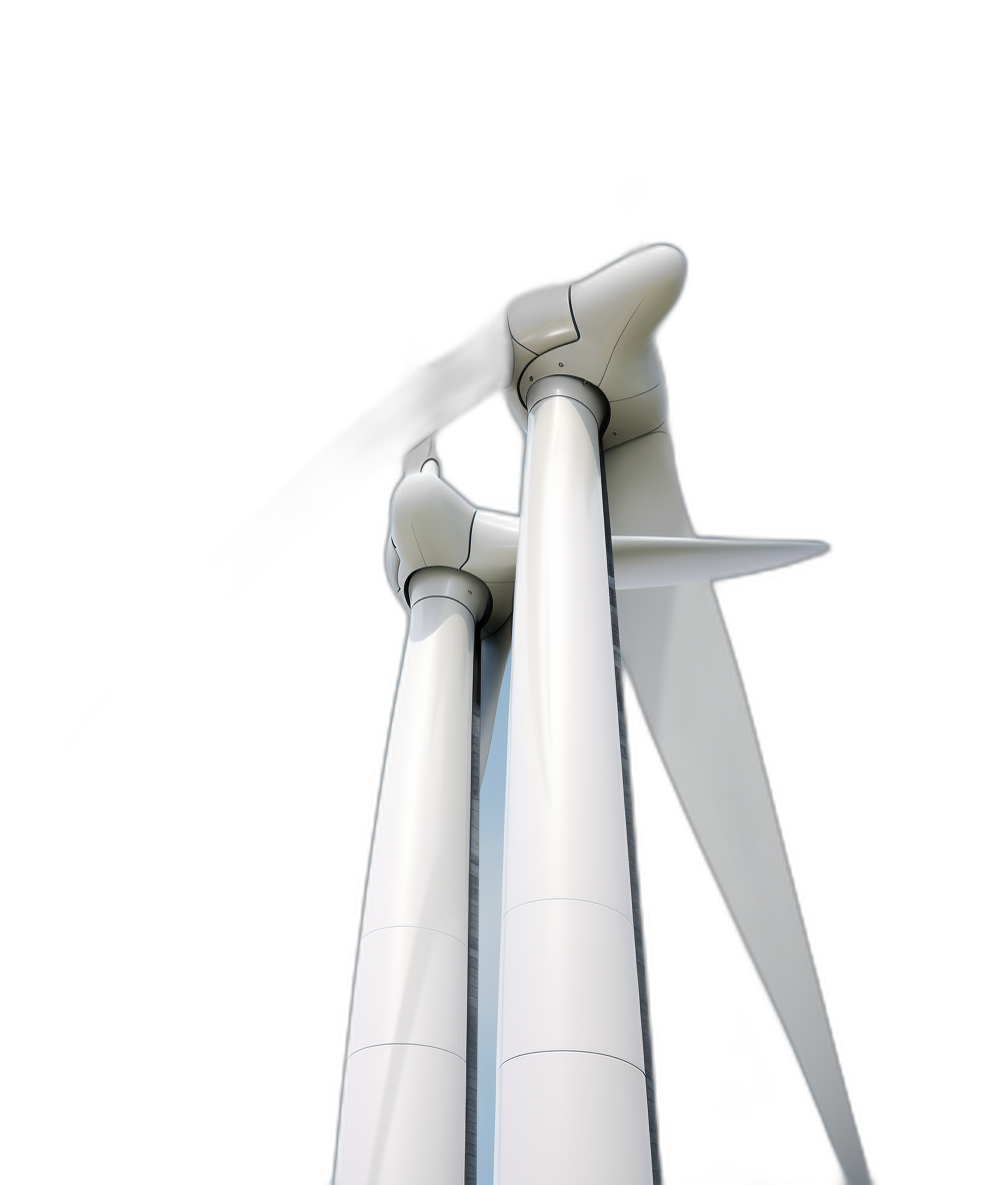 White wind turbine with black background, real photo, closeup, hyperrealistic style, no perspective blur. High angle view of the top and bottom parts of two white vertical advanced energy storage blades on dark sky. The upper part is white straight vertical blade, while below it has sharp corners at both ends and horizontal blades. Black tone. Bright light reflection.